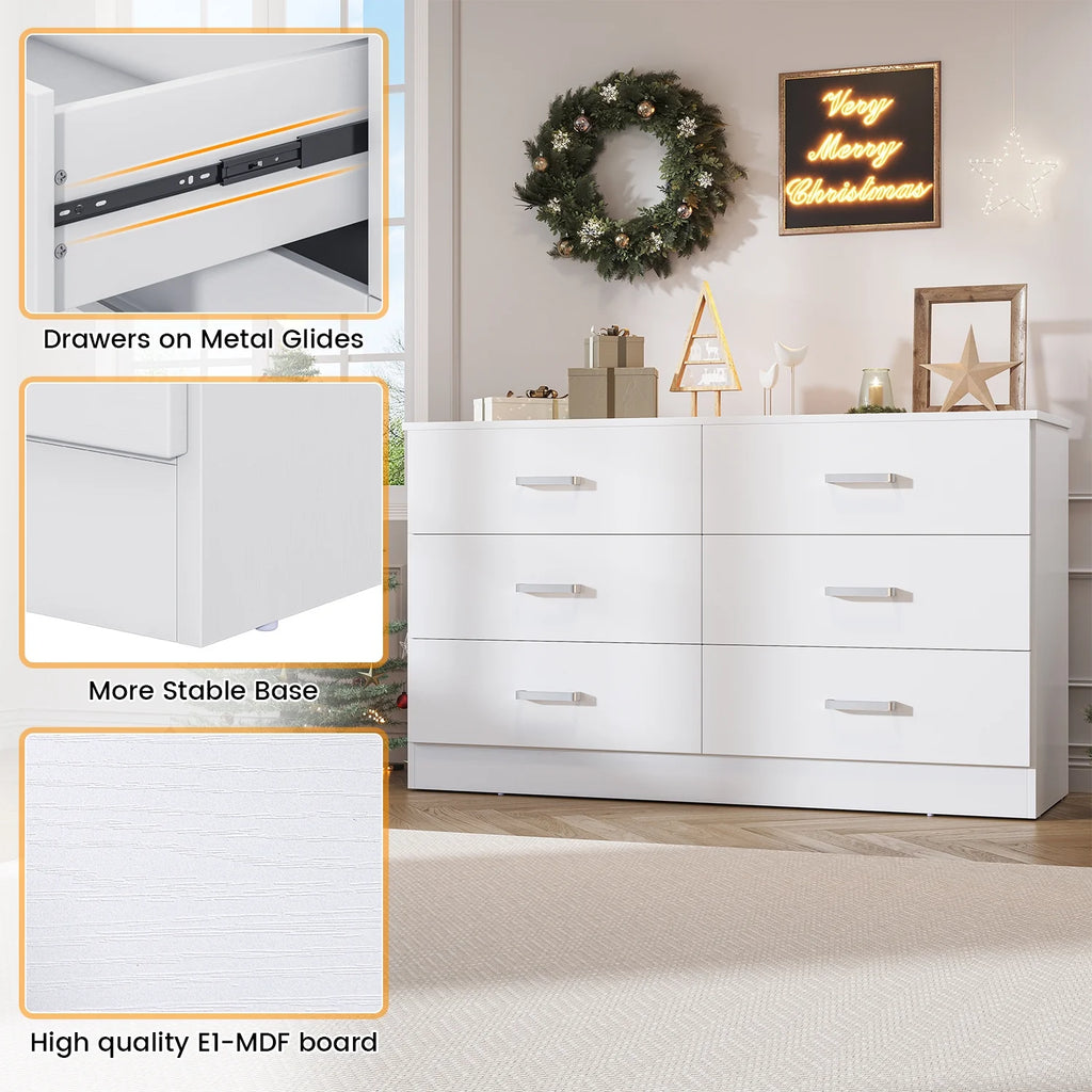 Winkalon 6 Drawer White Double Dresser, Wood Storage Cabinet with Easy Pull Out Handles for Living Room, Chest of Drawers for Bedroom