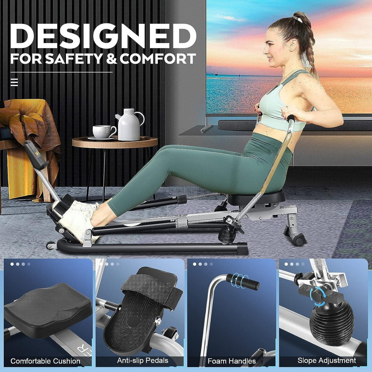 290 lb Rowing Machine, Hydraulic Machine Rower with 12 Level Adjustable Resistance and LCD Monitor, Exercise Equipment for Home Fitness Full Body Workout Cardio Training