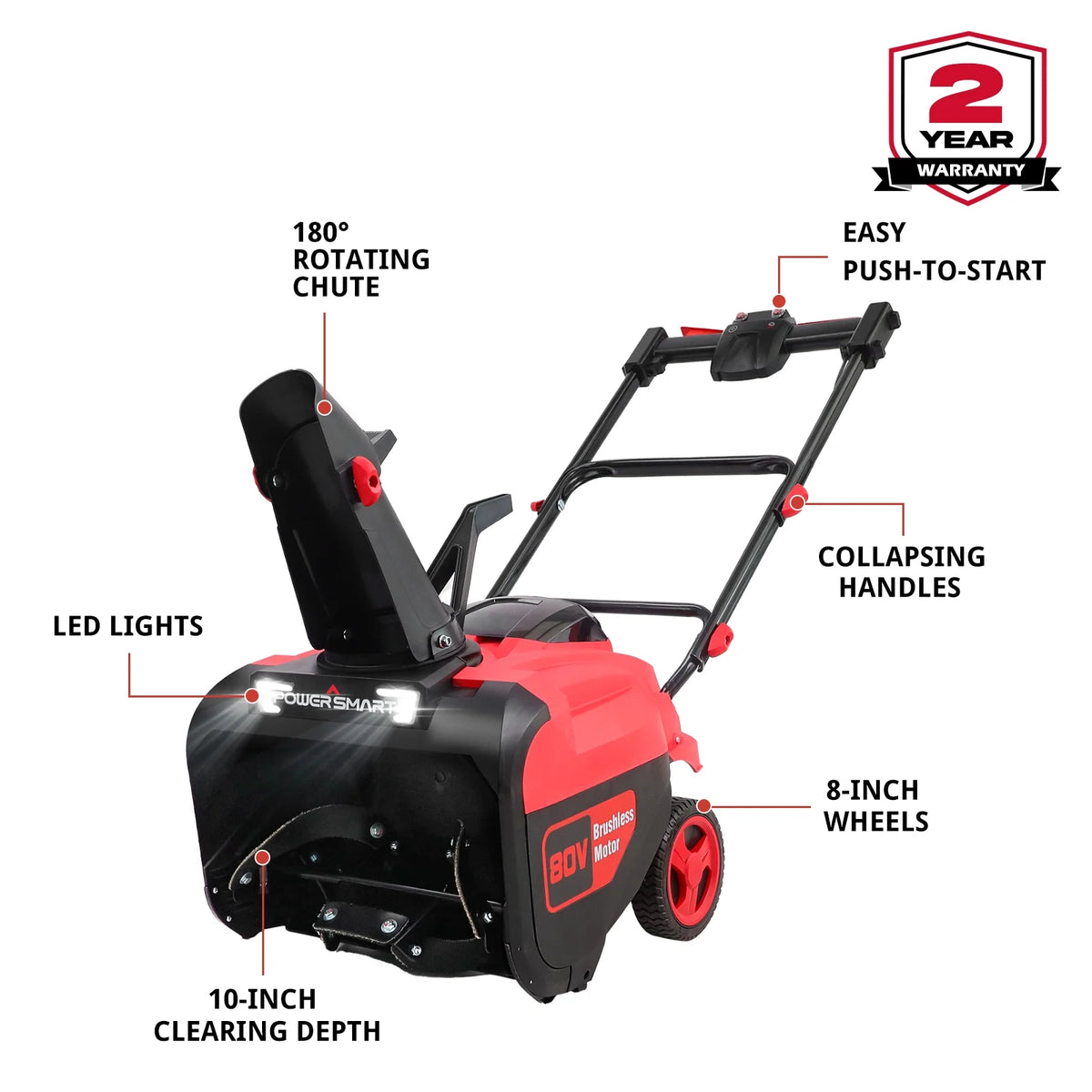 Powersmart 80V 21" Cordless Snow Blower, with 2 Batteries and Charger