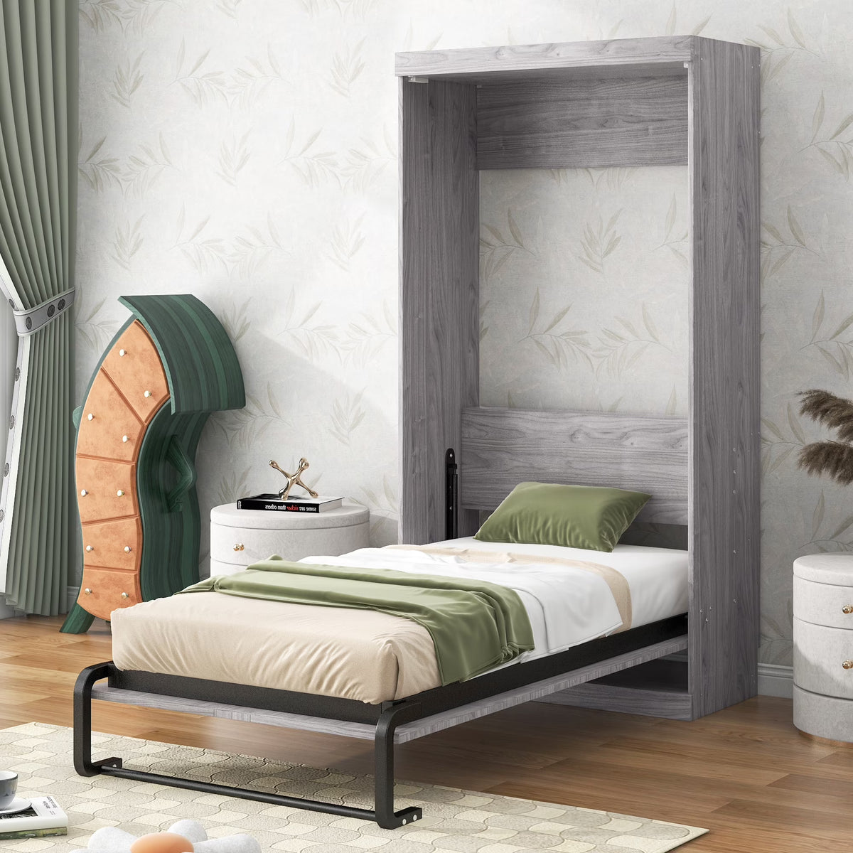Euroco Pine Wood Twin Size Murphy Bed, Convertible Wall Bed Into A Cabinet, Gray
