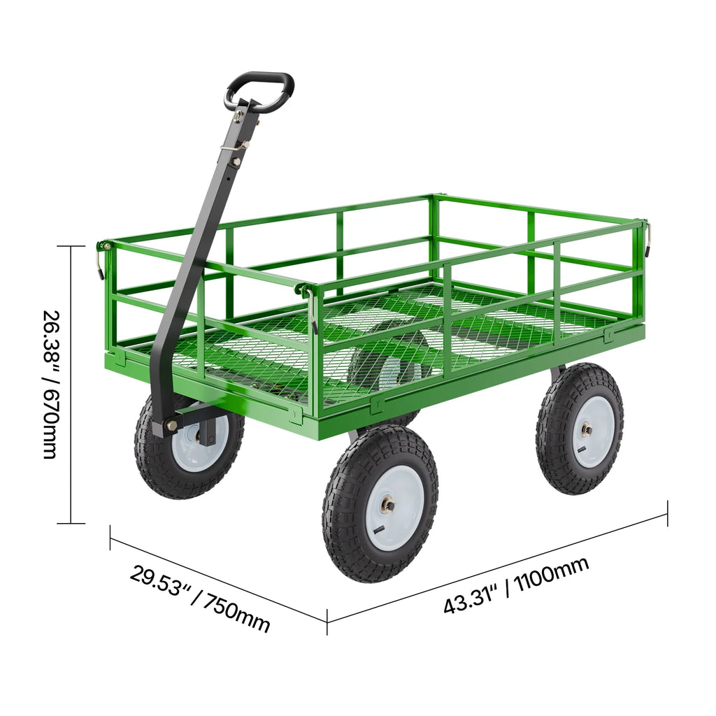 KFFKFF Mesh Steel Garden Cart 1200 lb, 43.3 x 29.5 " Heavy Duty Utility Wagon Cart, Pullable Metal Garden Trolley with 13' All-Terrain Tires, Removable Mesh Sides, 180swiveling Handle (Green)