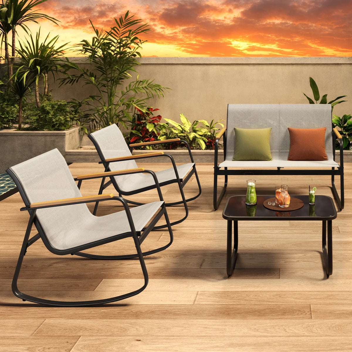Patio Conversation Sets for 4, Lofka 4 Pieces Patio Furniture Sets with Rocking Bistro Fabric Chairs, Garden Loveseat, Glass Coffee Table for Backyard, Poolside, Porch, Lawn, Black