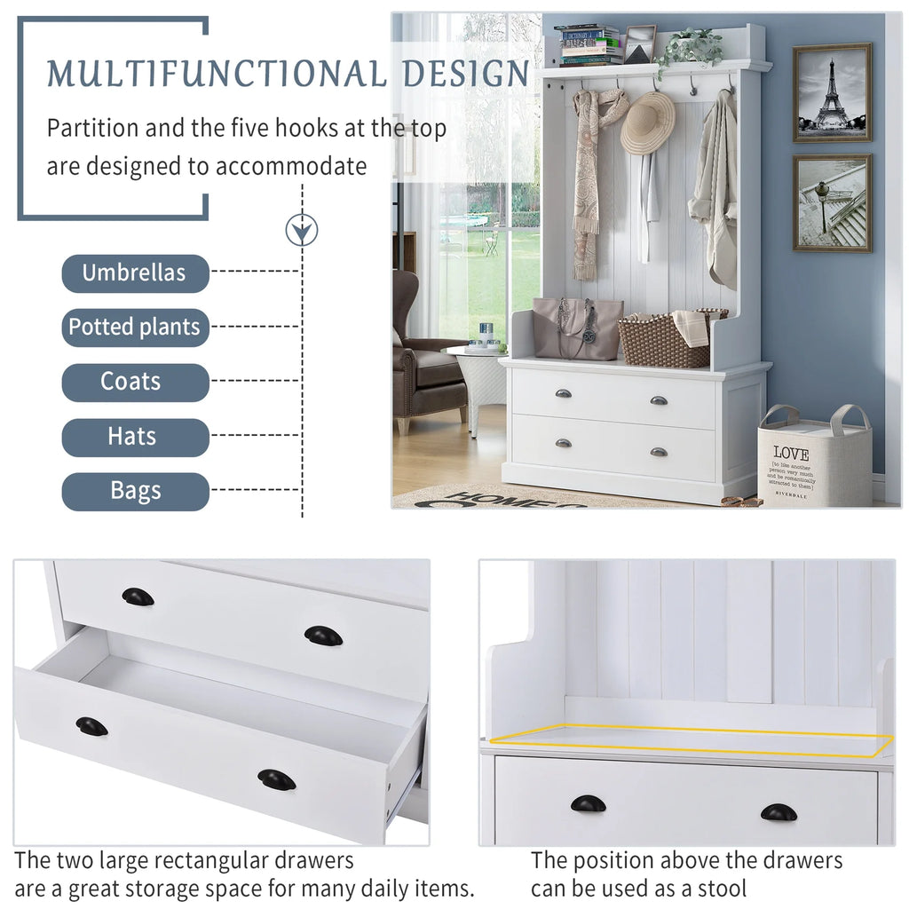 Hall Tree with Upholstered Bench and Coat Rack, Entryway Bench with 3 Hooks, 3 Open Shelves, 2 Drawers & Storage Cabinets, Mudroom Bench with Storage and Hooks for Foyer, Entry Way, Hallway (Beige)