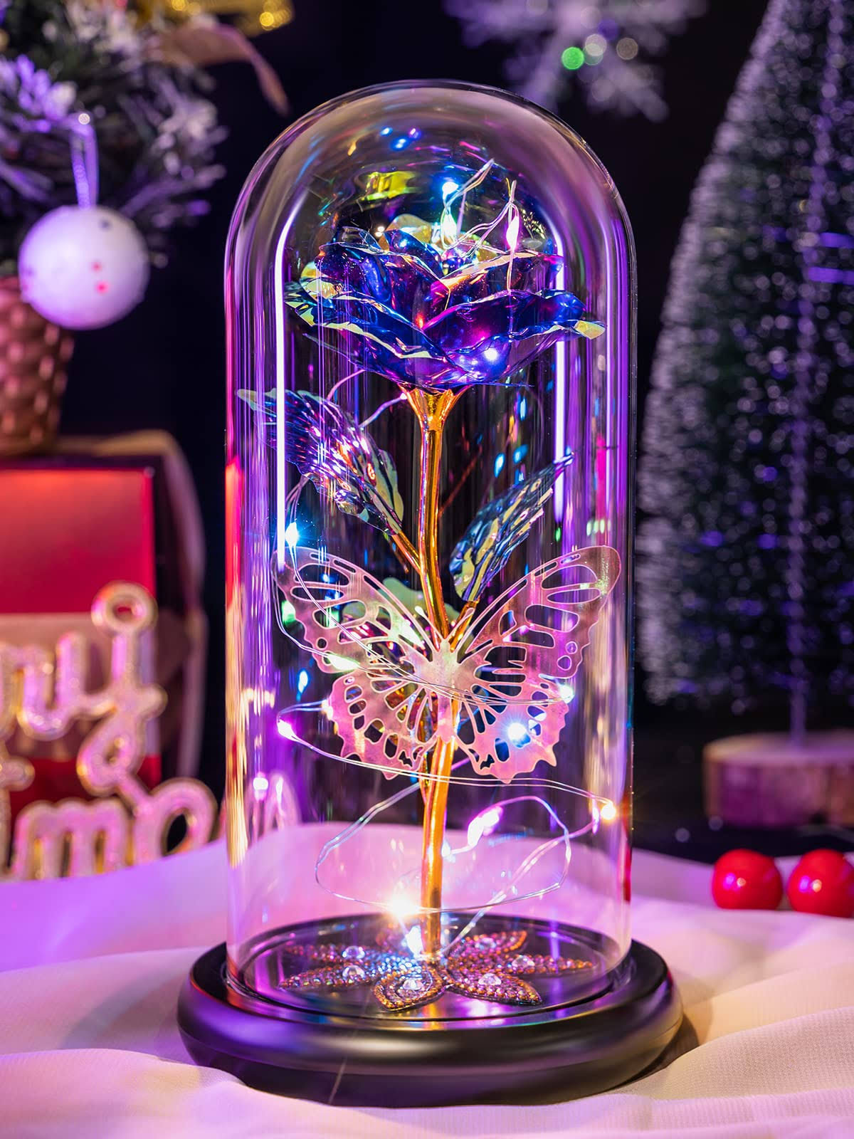 Gifts for Women, Galaxy Glass Rose Flower Forever Eternal Crystal Light Up Rose in Glass Dome with Butterfly Birthday Gifts for Mom Wife Grandma