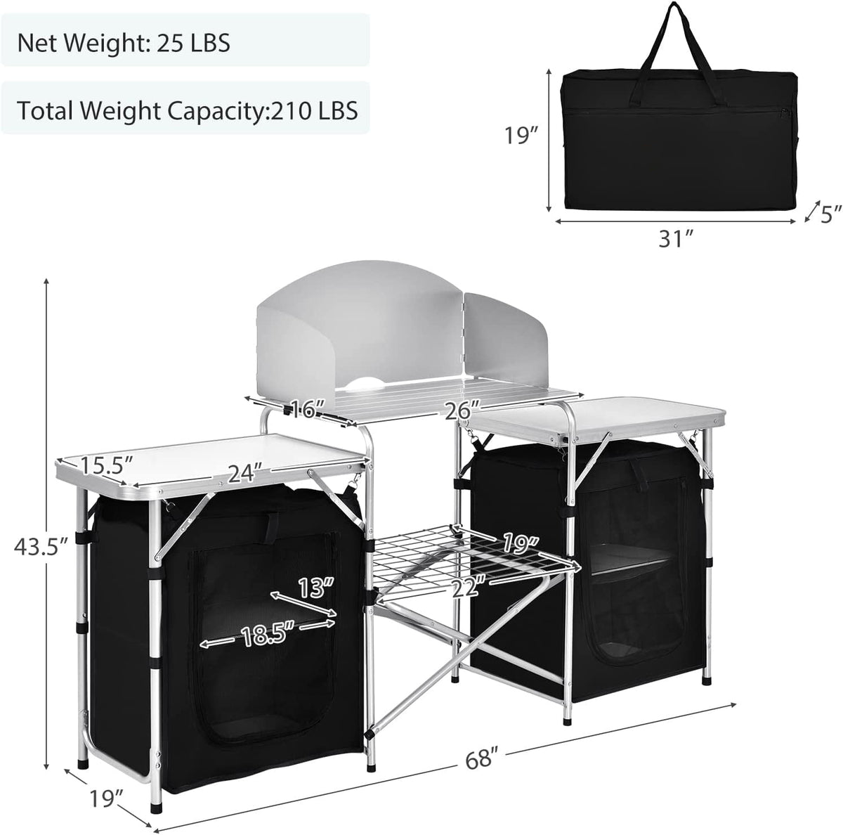 Camping Kitchen Table with Storage. Aluminum Portable Outdoor Cooking Table with Windscreen. Foldable Camp Table Cook Station for BBQ. Grill. Party. Picnics