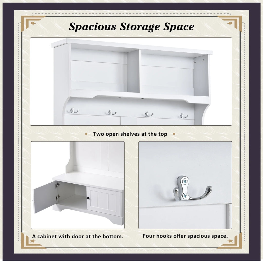 Hall Tree with Upholstered Bench and Coat Rack, Entryway Bench with 3 Hooks, 3 Open Shelves, 2 Drawers & Storage Cabinets, Mudroom Bench with Storage and Hooks for Foyer, Entry Way, Hallway (Beige)
