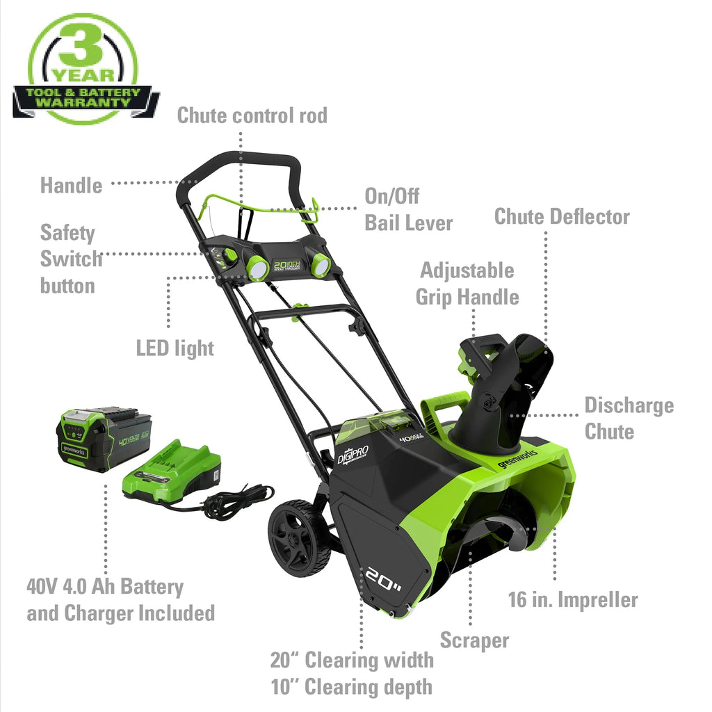 Greenworks 40V 20 - Inch Cordless Brushless Snow Blower with 4.0 Ah Battery and Charger, 26272