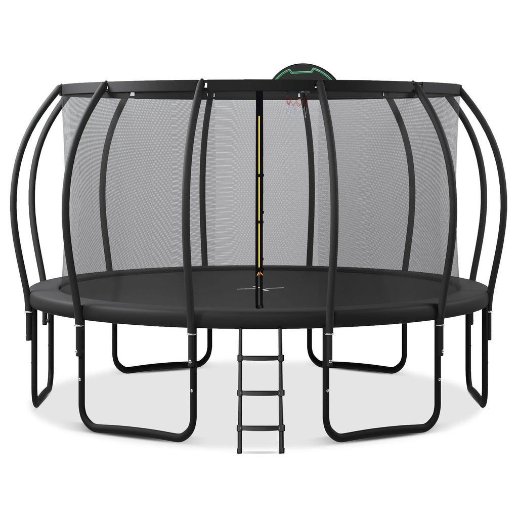 Soges 16FT Trampoline with Basketball Hoop for Kids and Adults Outdoor Trampoline with Ladder and Safety Enclosure Net Pumpkin Trampoline with Curved Poles Heavy Duty Recreational Trampoline 1500 lb