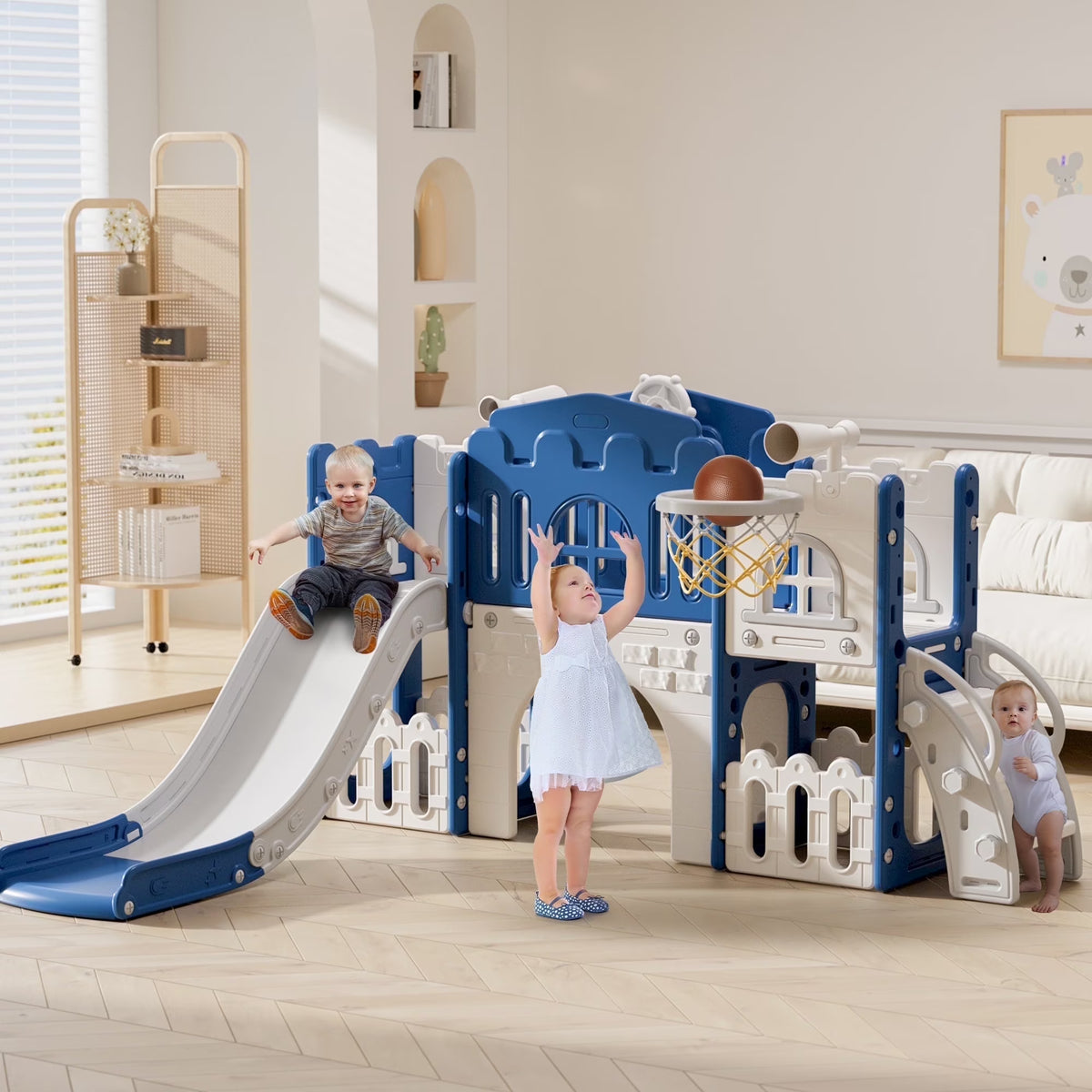 WFUN 9 in 1 Toddler Slide Playset for Kids Indoor/Outdoor for Toddlers Age 1+, Blue & Gray