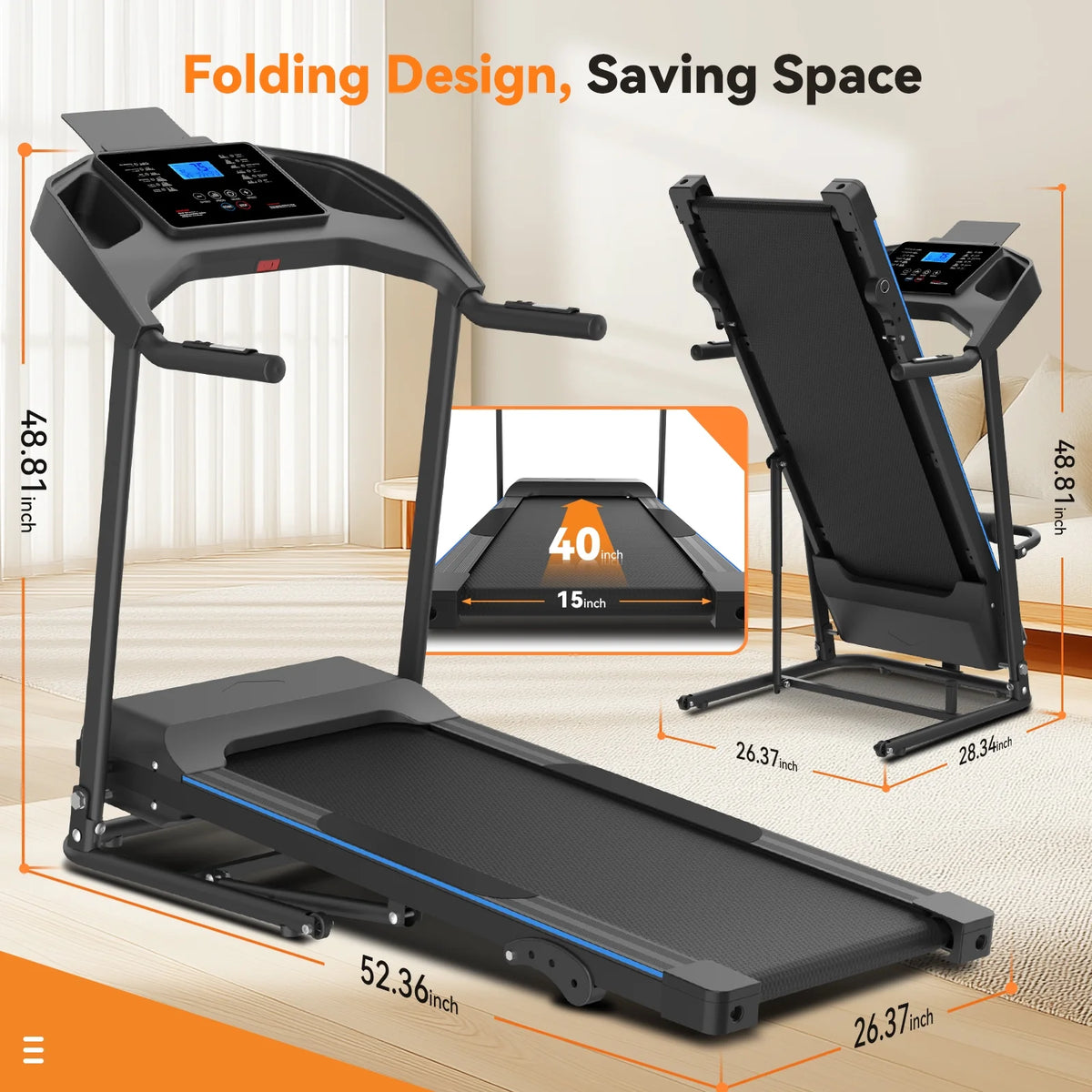 Treadmill with 8% Incline, 3.0 HP Foldable Compact Treadmill with Sit - up Function, 300 lb Walking Running Treadmill with LCD Display for Exercise, 12 Programs