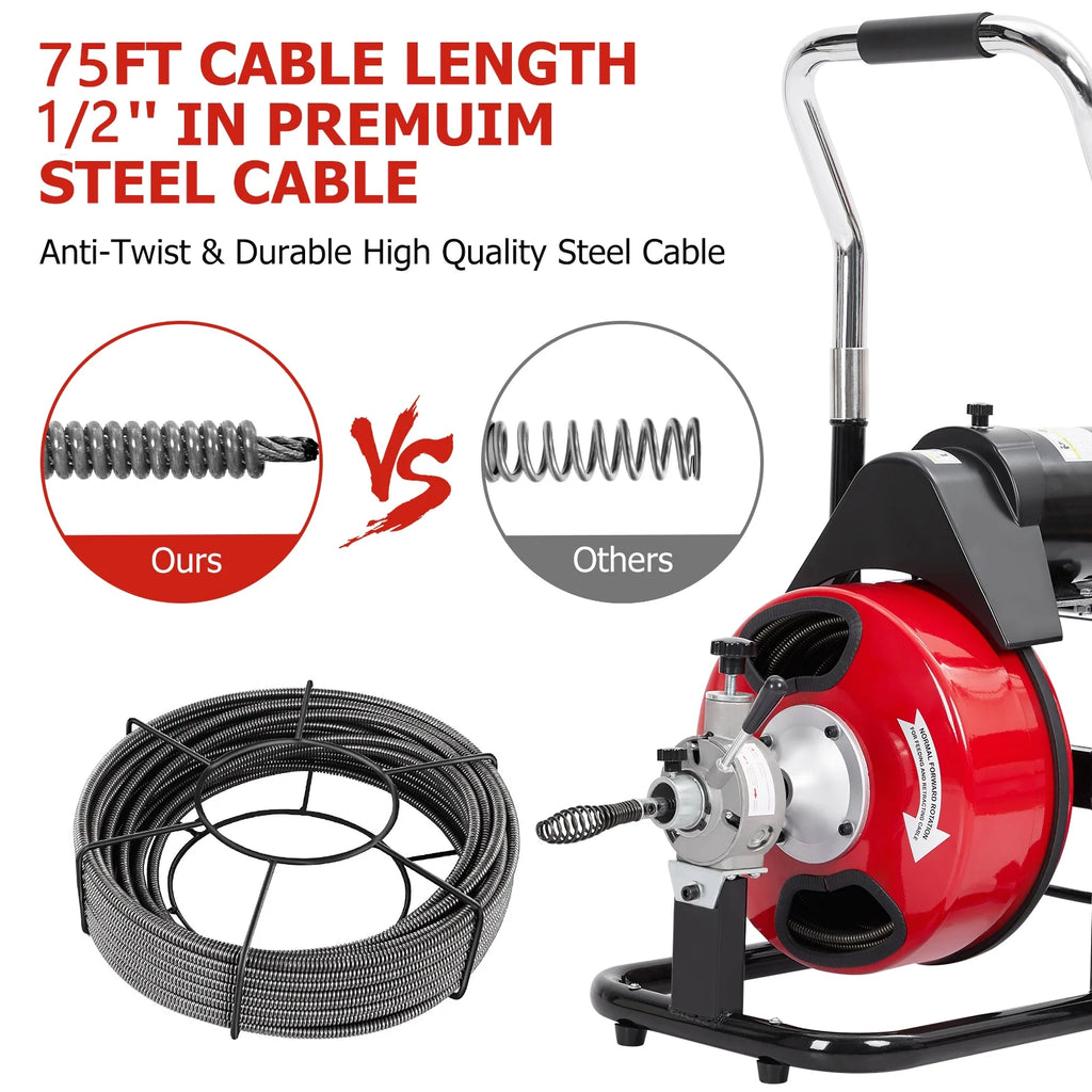 Roromall Drain Cleaner Machine 50FT/75FT/100FT x 3/8 - Inch/1/2 - Inch Sewer Auger Electric Drain Auger Sewer Snake with 4 Cutter, Air - Activated Foot Switch, Gloves