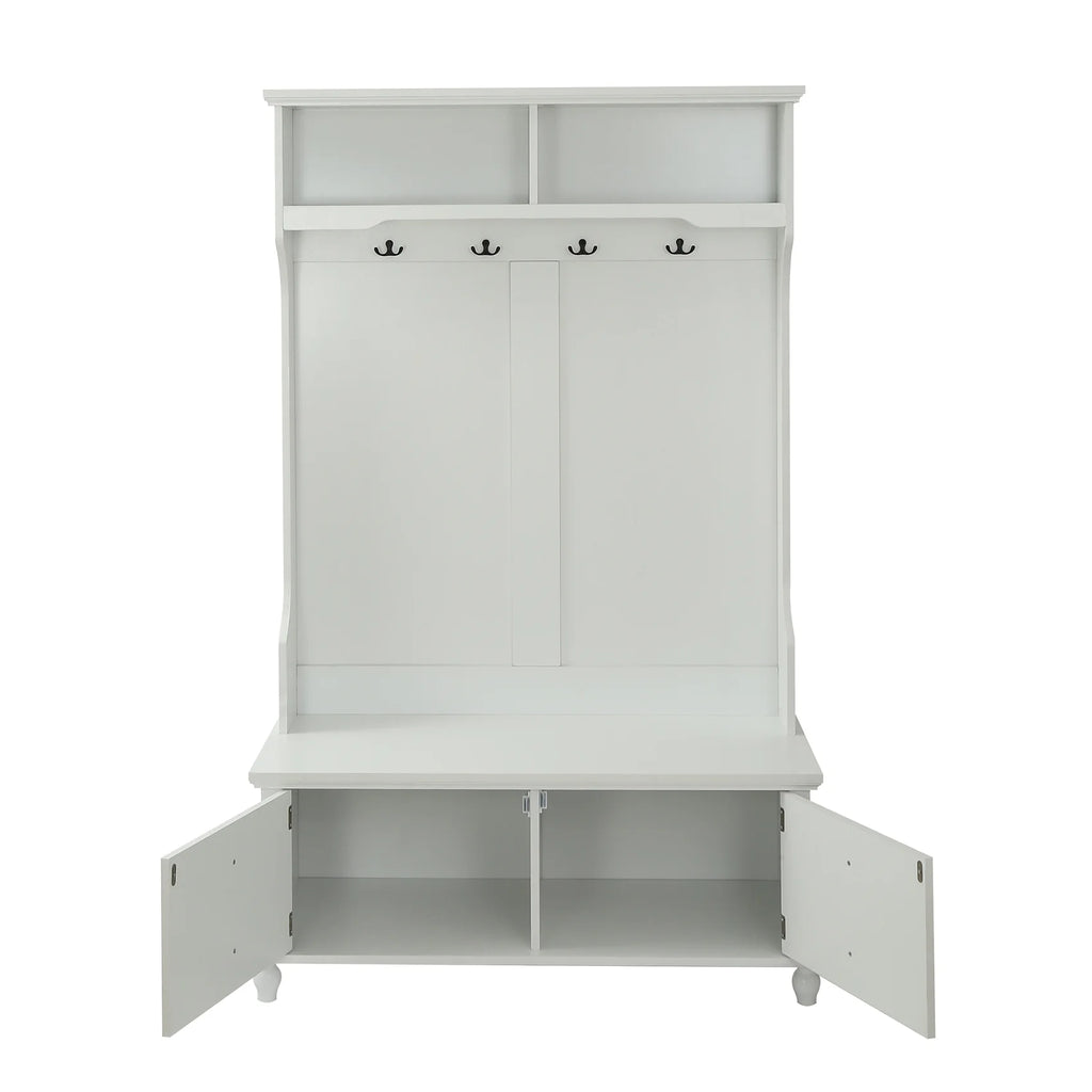 Hall Tree with Upholstered Bench and Coat Rack, Entryway Bench with 3 Hooks, 3 Open Shelves, 2 Drawers & Storage Cabinets, Mudroom Bench with Storage and Hooks for Foyer, Entry Way, Hallway (Beige)