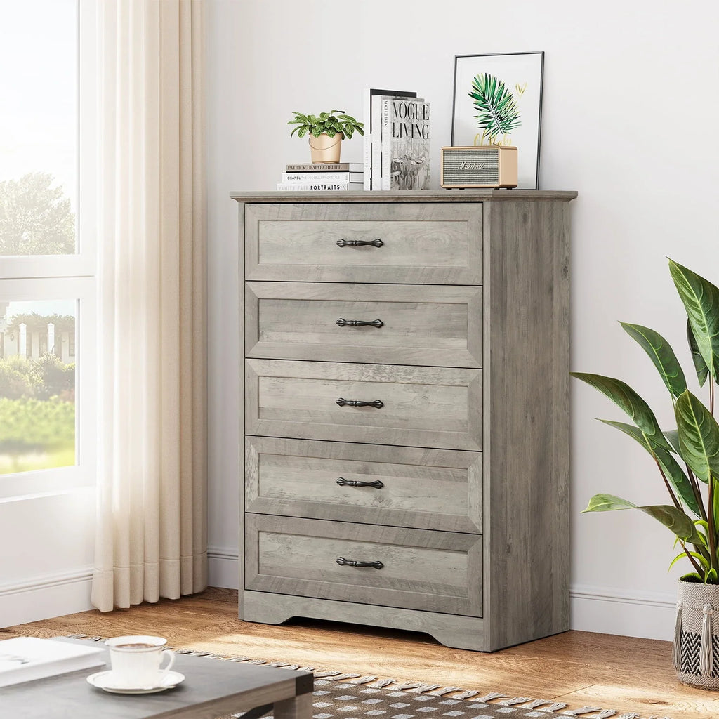 Dresser for Bedroom with 5 Drawers, Tall Wood Drawer Dresser Chest of Drawers for Closet, Living Room, Hallway, Nursery, Kids Bedroom, Grey