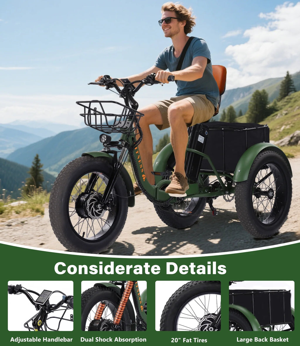 YEBEI Electric Tricycle for Adults Folding E - Trike Motorized Tricycle Electric 3 Wheels Trike Powerful 500W Motor Electric Tricycle 48V15AH Lithium Battery Max 20MPH 20*4.0" Fat Tire Orange