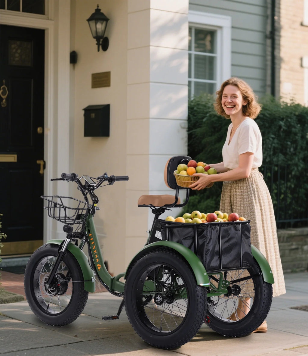 YEBEI Electric Tricycle for Adults Folding E - Trike Motorized Tricycle Electric 3 Wheels Trike Powerful 500W Motor Electric Tricycle 48V15AH Lithium Battery Max 20MPH 20*4.0" Fat Tire Orange