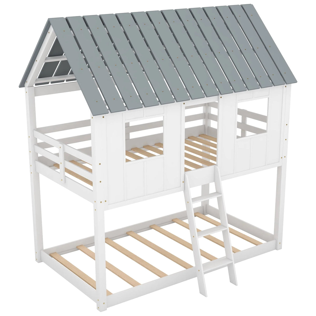 Euroco Twin Over Twin Low Bunk Bed with Roof and Guardrail for Kids Room, White