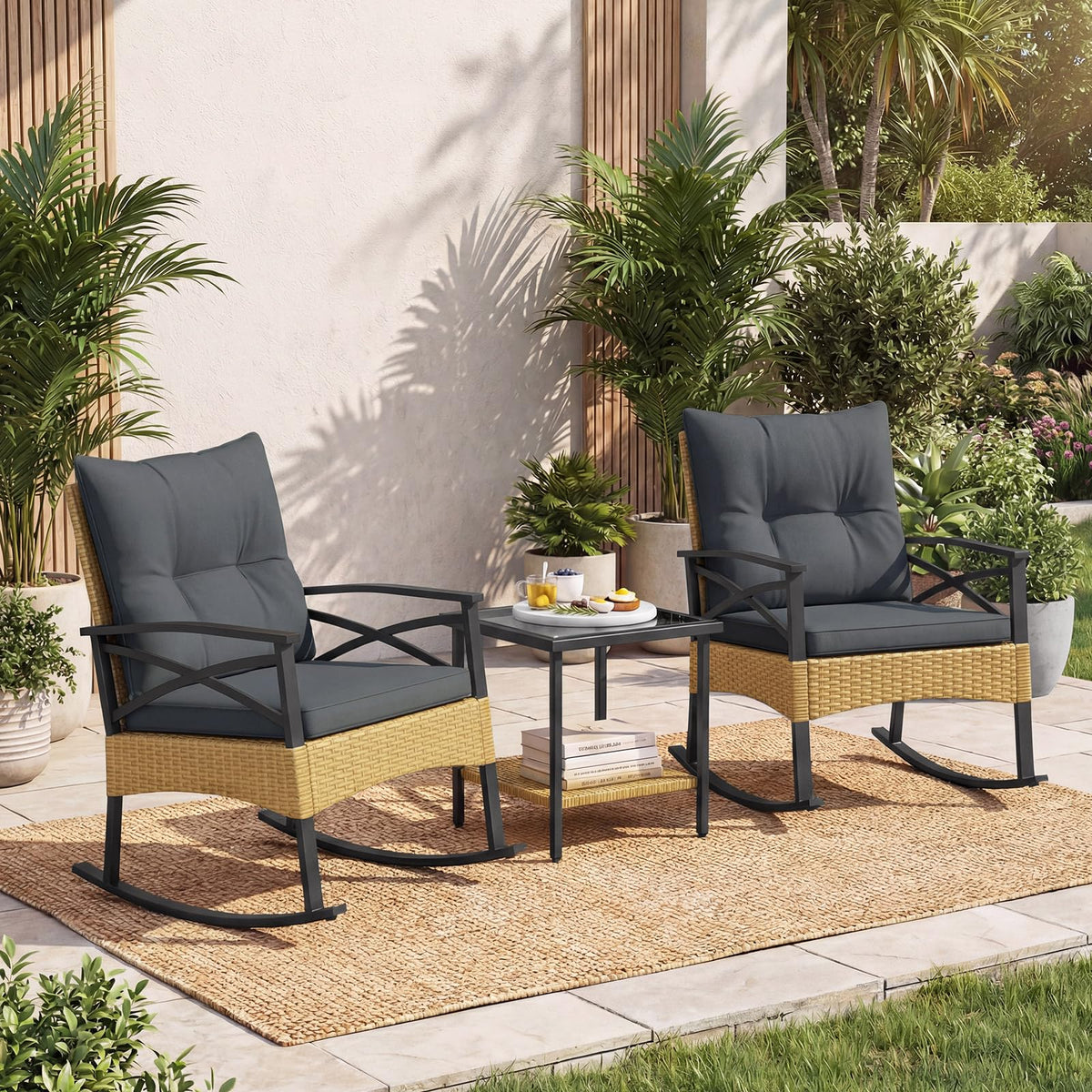 Tangkula 3 Pieces Outdoor Rocking Chairs Set for Garden
