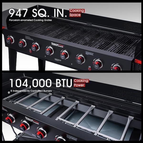 8-Burner Event Propane Gas Grill with 2 Folding Side Tables in Black