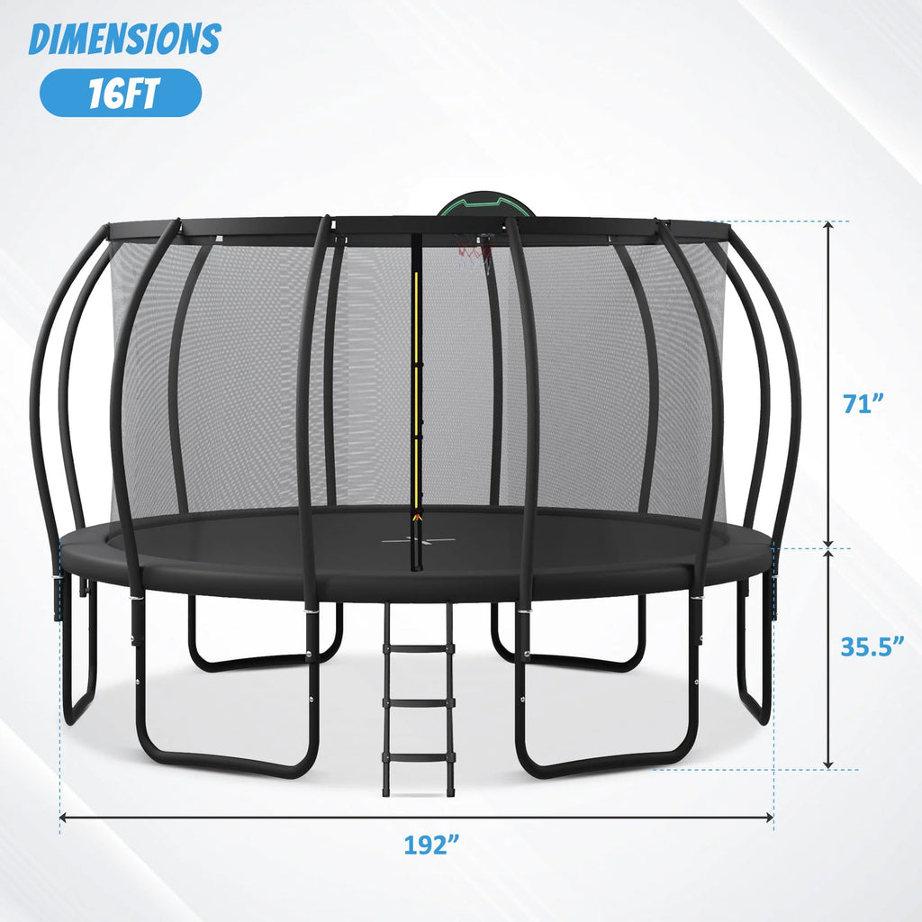Soges 16FT Trampoline with Basketball Hoop for Kids and Adults Outdoor Trampoline with Ladder and Safety Enclosure Net Pumpkin Trampoline with Curved Poles Heavy Duty Recreational Trampoline 1500 lb