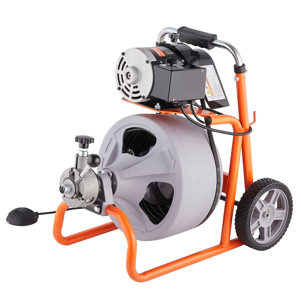 VEVOR Drain Cleaner Machine 100FT x 3/8 in, Auto Feed Sewer Snake Drain Auger on Wheels, Portable Drain Cleaning Machine with 8 Cutters & Air - Activated Foot Switch for 2" to 4" Pipes