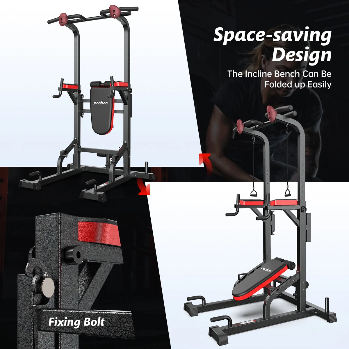 LNOW Multifunction Power Tower Pull up Bar Dip Station Power Rack with Adjustable Backrest for Home Gym Strength Training Workout Equipment Max Weight 480 lb