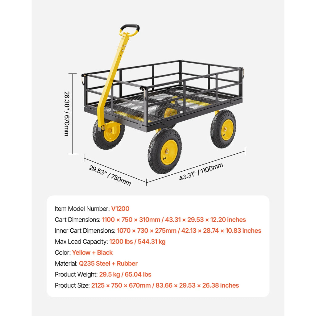 KFFKFF Mesh Steel Garden Cart 1200 lb, 43.3 x 29.5 " Heavy Duty Utility Wagon Cart, Pullable Metal Garden Trolley with 13' All-Terrain Tires, Removable Mesh Sides, 180swiveling Handle (Green)