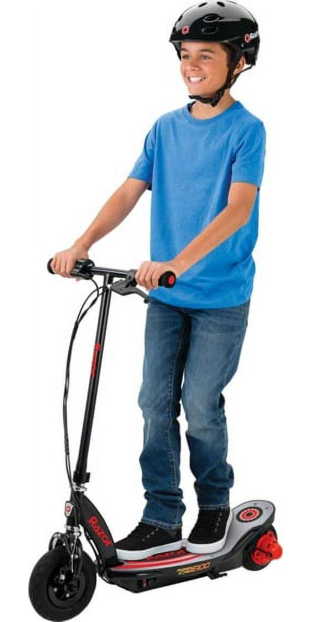 Razor Power Core E100 Electric Scooter with Aluminum Deck - Red. Ages 8+ and up to 120 lb. 8″ Pneumatic Front Tire. up to 11 Mph and up to 60 Mins of Ride Time. 100W Hub Motor. Unisex