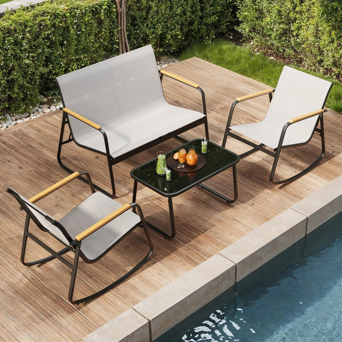 Patio Conversation Sets for 4, Lofka 4 Pieces Patio Furniture Sets with Rocking Bistro Fabric Chairs, Garden Loveseat, Glass Coffee Table for Backyard, Poolside, Porch, Lawn, Black