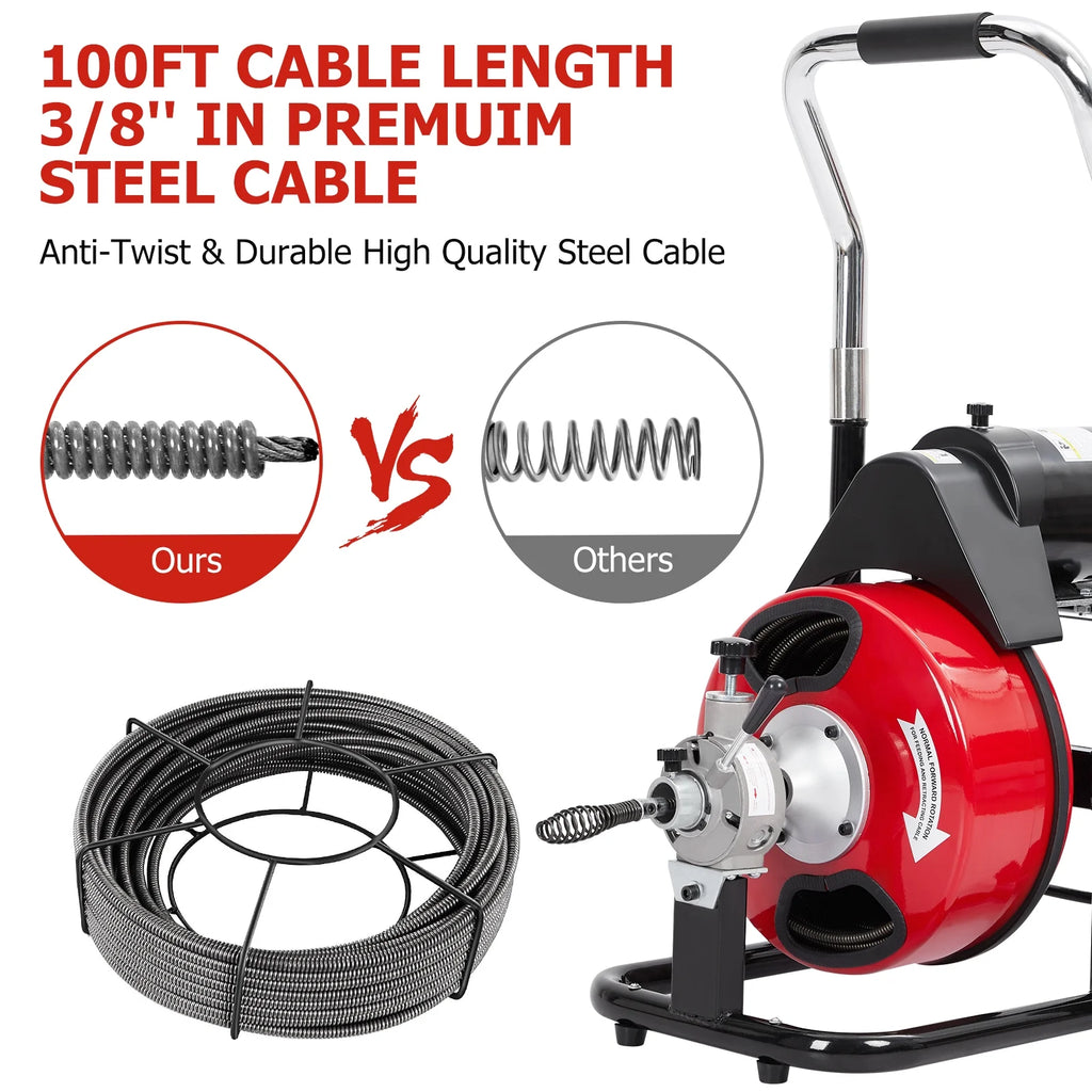 Roromall Drain Cleaner Machine 50FT/75FT/100FT x 3/8 - Inch/1/2 - Inch Sewer Auger Electric Drain Auger Sewer Snake with 4 Cutter, Air - Activated Foot Switch, Gloves