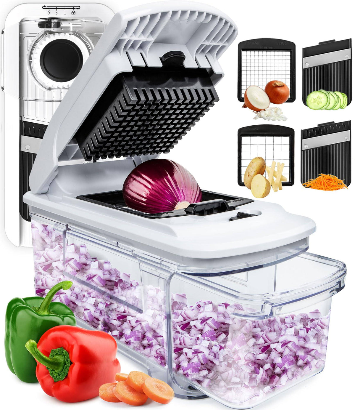 Fullstar All-in-1 Vegetable Chopper, Mandoline Slicer & Cheese Grater - Multi Blade French Fry Cutter & Veggie Dicer - Includes Bonus Handheld