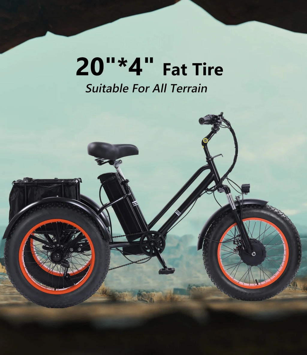 YEBEI Electric Tricycle for Adults Folding E - Trike Motorized Tricycle Electric 3 Wheels Trike Powerful 500W Motor Electric Tricycle 48V15AH Lithium Battery Max 20MPH 20*4.0" Fat Tire Orange