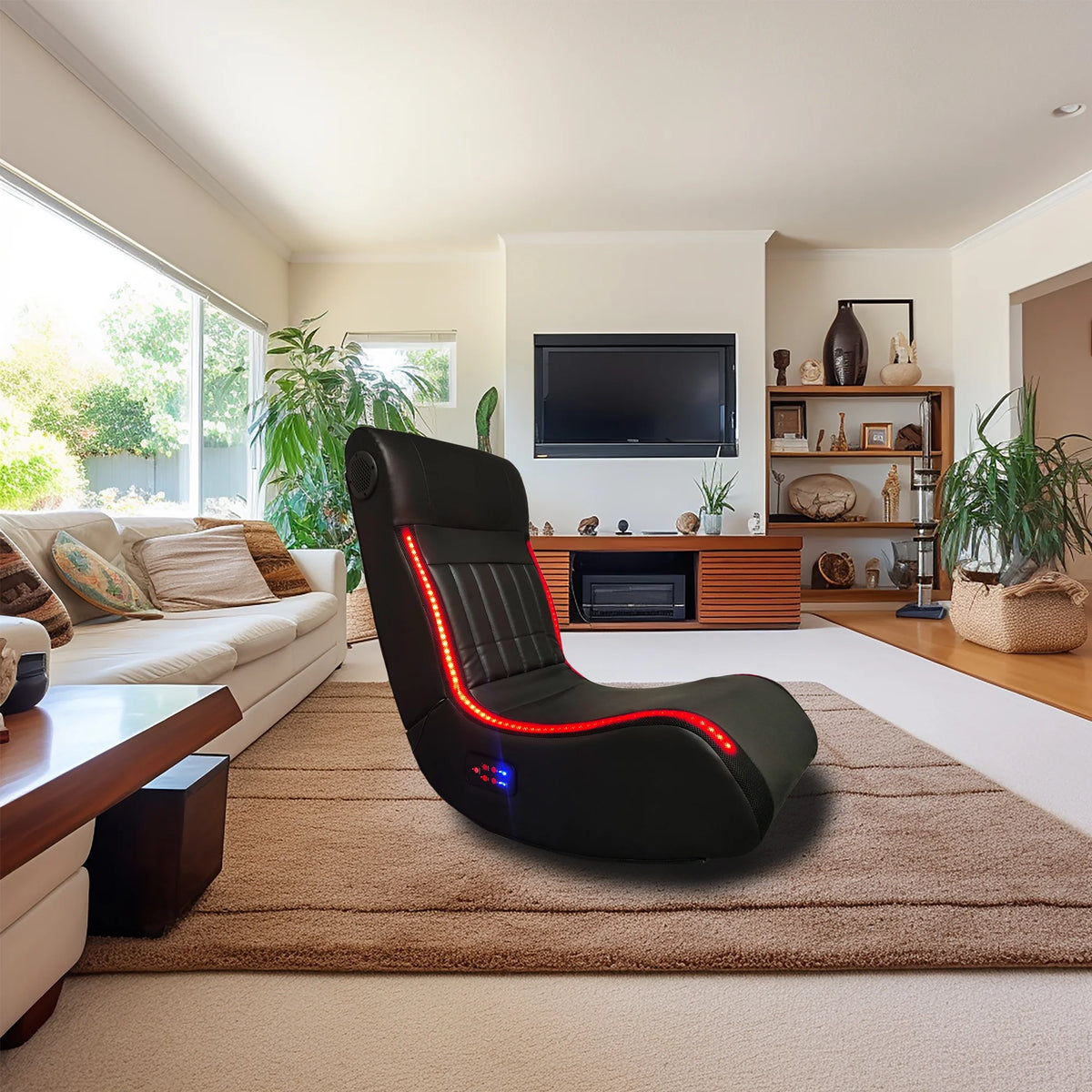 Foldable Gaming Chair with Onboard Speakers, LED Strip Lighting, Bluetooth Music Speakers, Vibration Massage, USB Charging Port