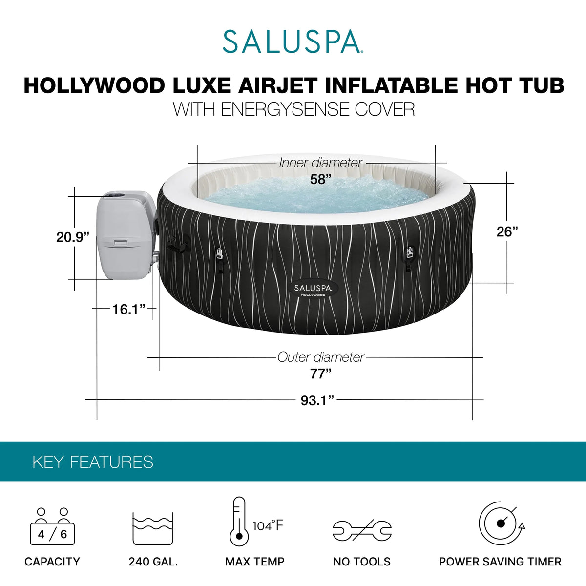 Bestway Saluspa Hollywood Luxe Airjet Inflatable Hot Tub W/ Pump #p08411