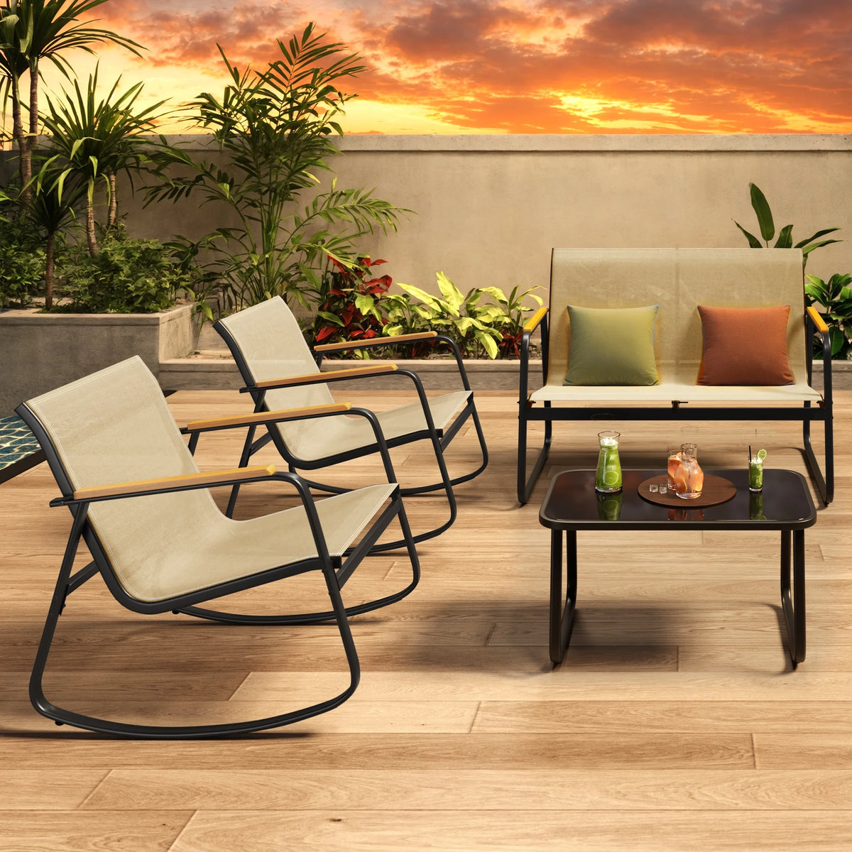 Patio Conversation Sets for 4, Lofka 4 Pieces Patio Furniture Sets with Rocking Bistro Fabric Chairs, Garden Loveseat, Glass Coffee Table for Backyard, Poolside, Porch, Lawn, Black