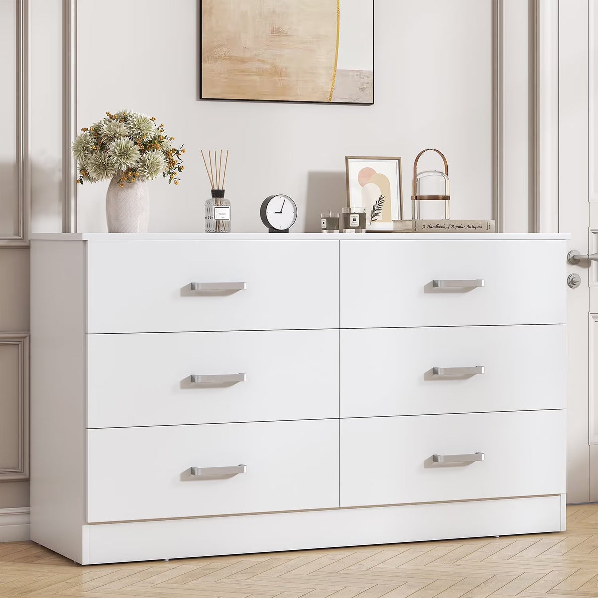 Winkalon 6 Drawer White Double Dresser, Wood Storage Cabinet with Easy Pull Out Handles for Living Room, Chest of Drawers for Bedroom