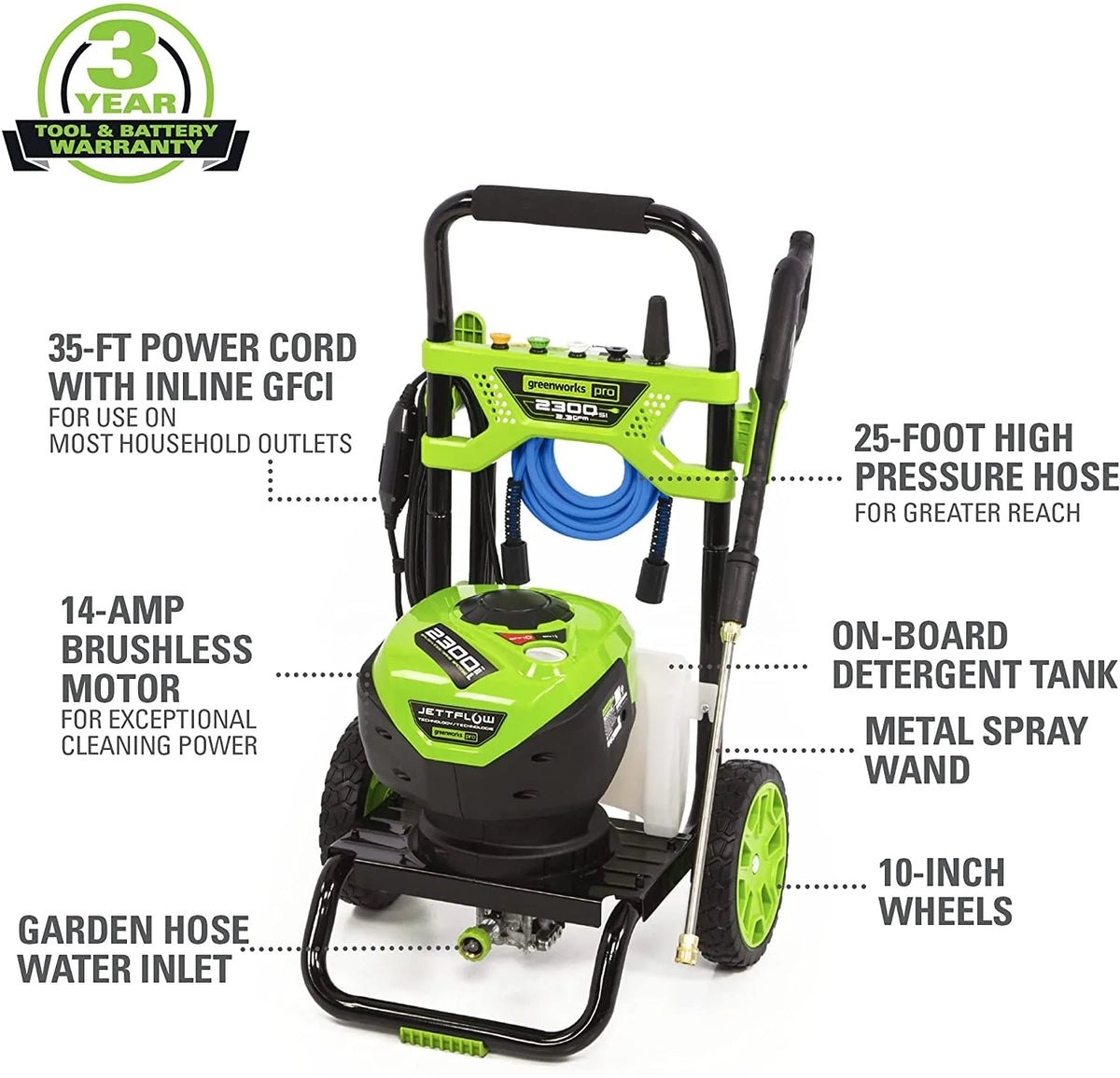 Greenworks 2300 PSI at 2.3 GPM AC Electric 120V Brushless Pressure Washer 5118002VT