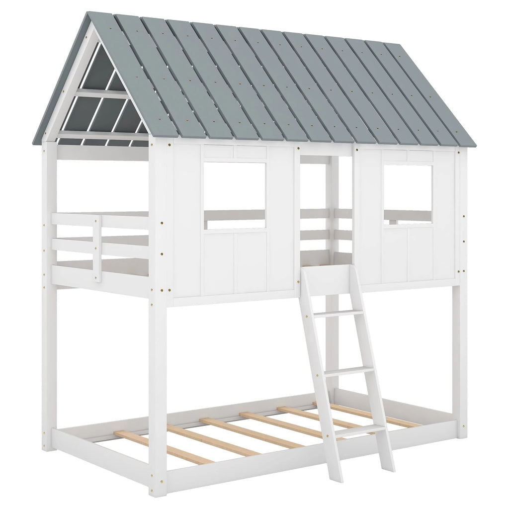 Euroco Twin Over Twin Low Bunk Bed with Roof and Guardrail for Kids Room, White