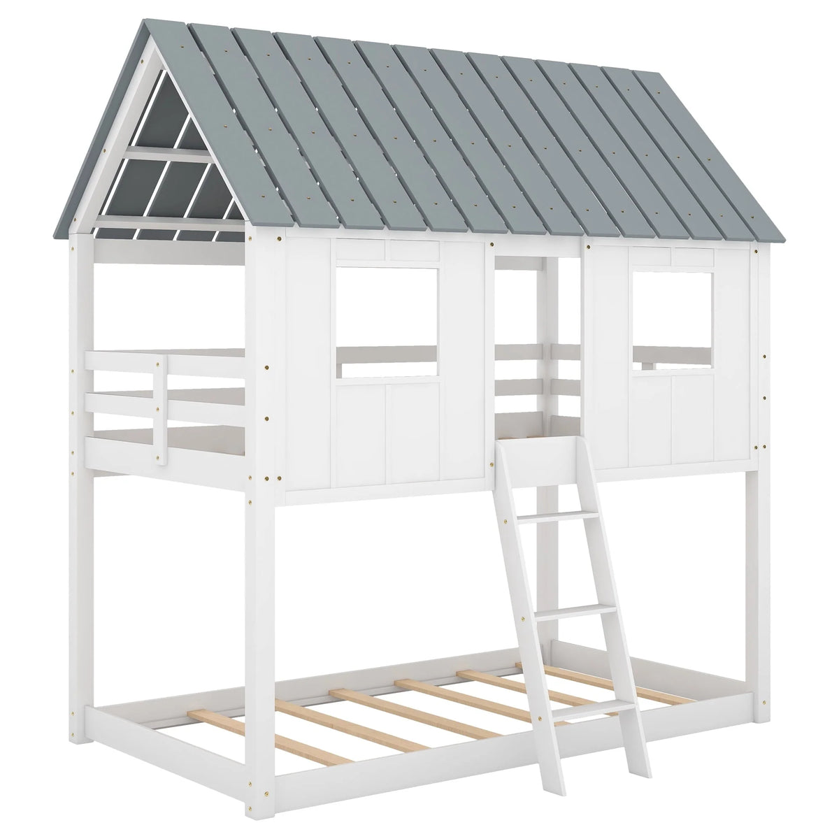 Euroco Twin Over Twin Low Bunk Bed with Roof and Guardrail for Kids Room, White