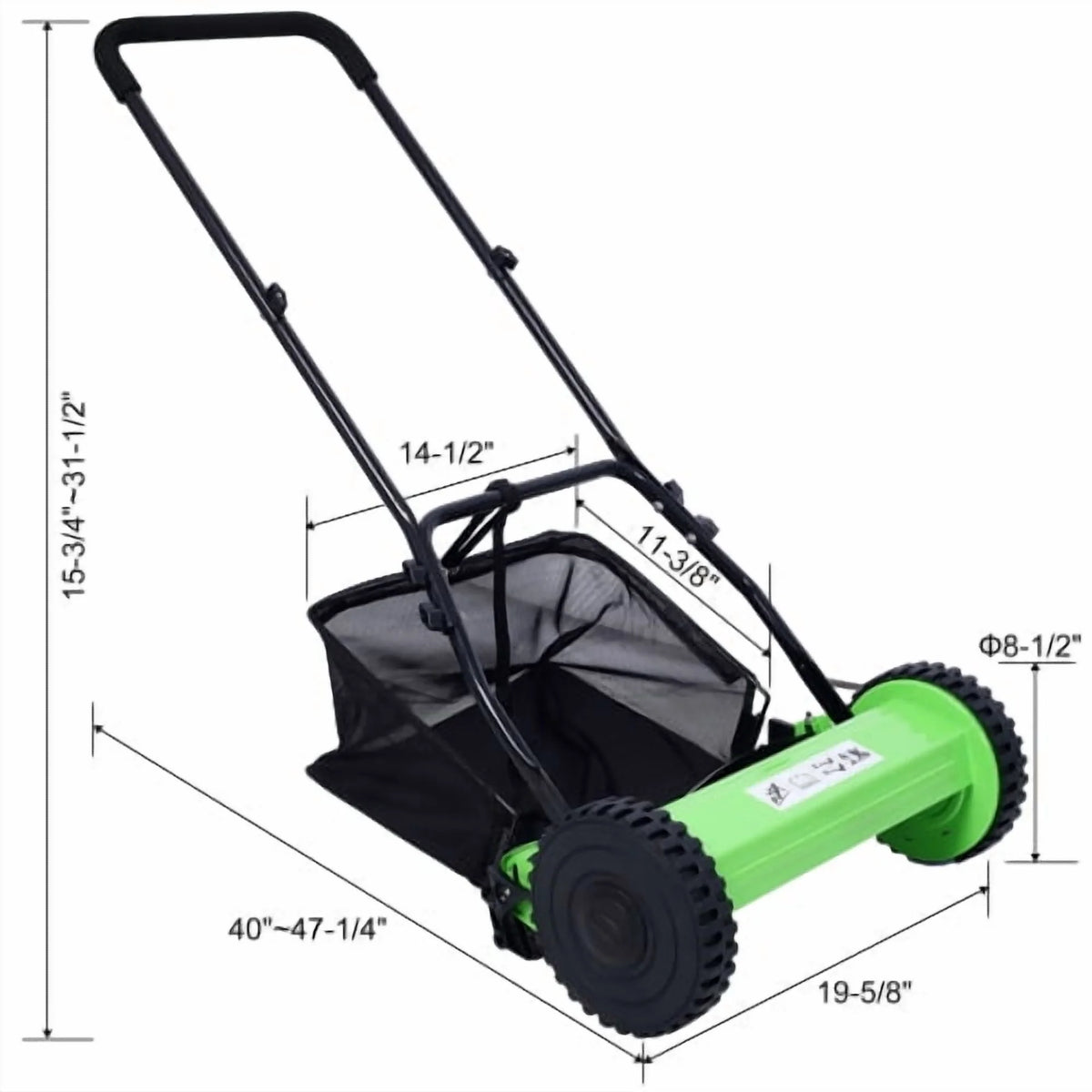 14 - Inch Push Reel Lawn Mower, 5 - Blade with Grass Catcher, Adjustable Height, Manual, Green