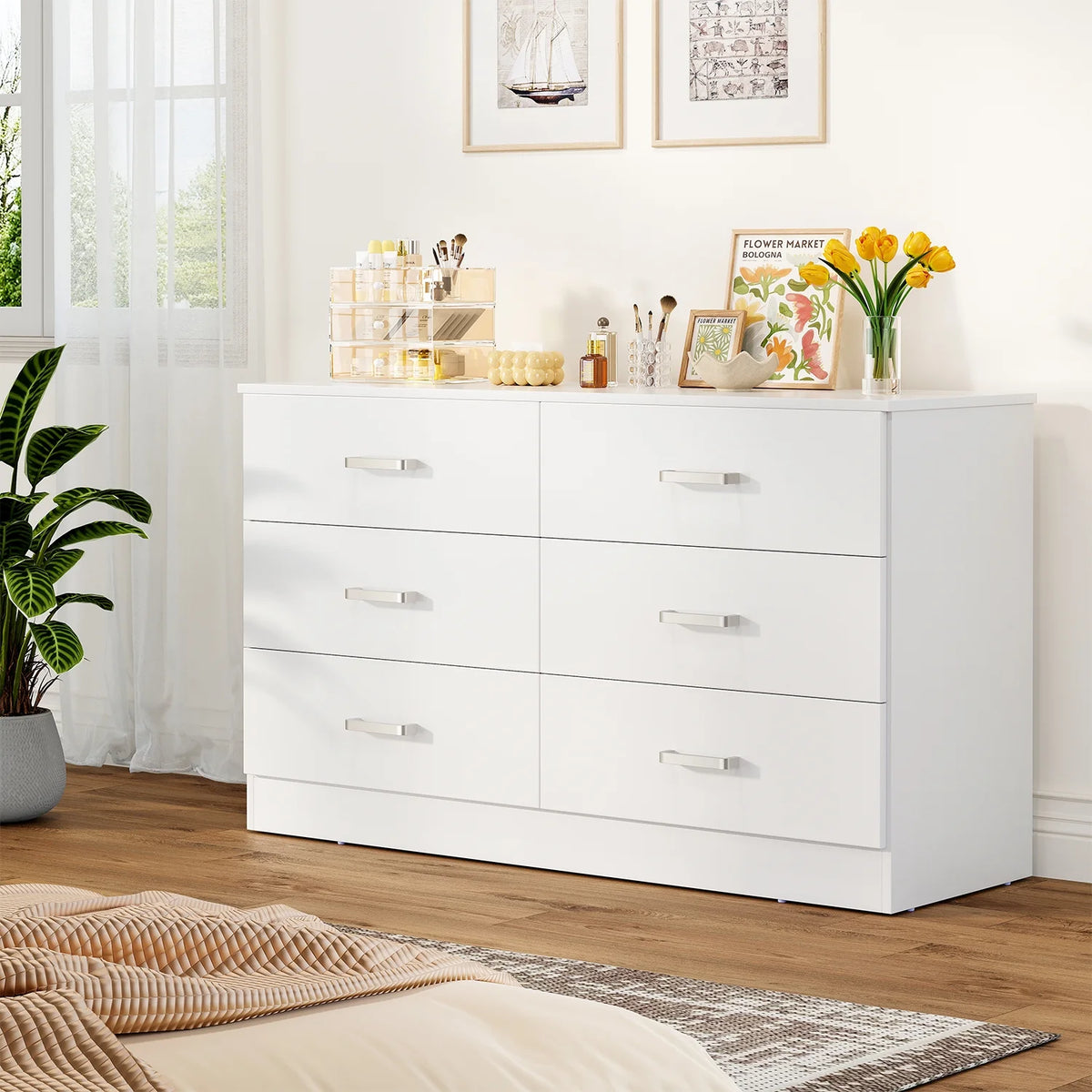 Winkalon 6 Drawer White Double Dresser, Wood Storage Cabinet with Easy Pull Out Handles for Living Room, Chest of Drawers for Bedroom