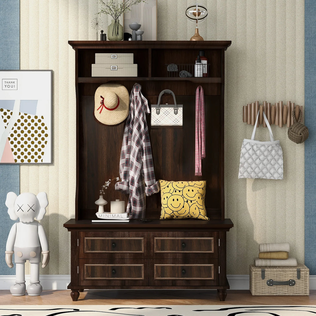 Hall Tree with Upholstered Bench and Coat Rack, Entryway Bench with 3 Hooks, 3 Open Shelves, 2 Drawers & Storage Cabinets, Mudroom Bench with Storage and Hooks for Foyer, Entry Way, Hallway (Beige)