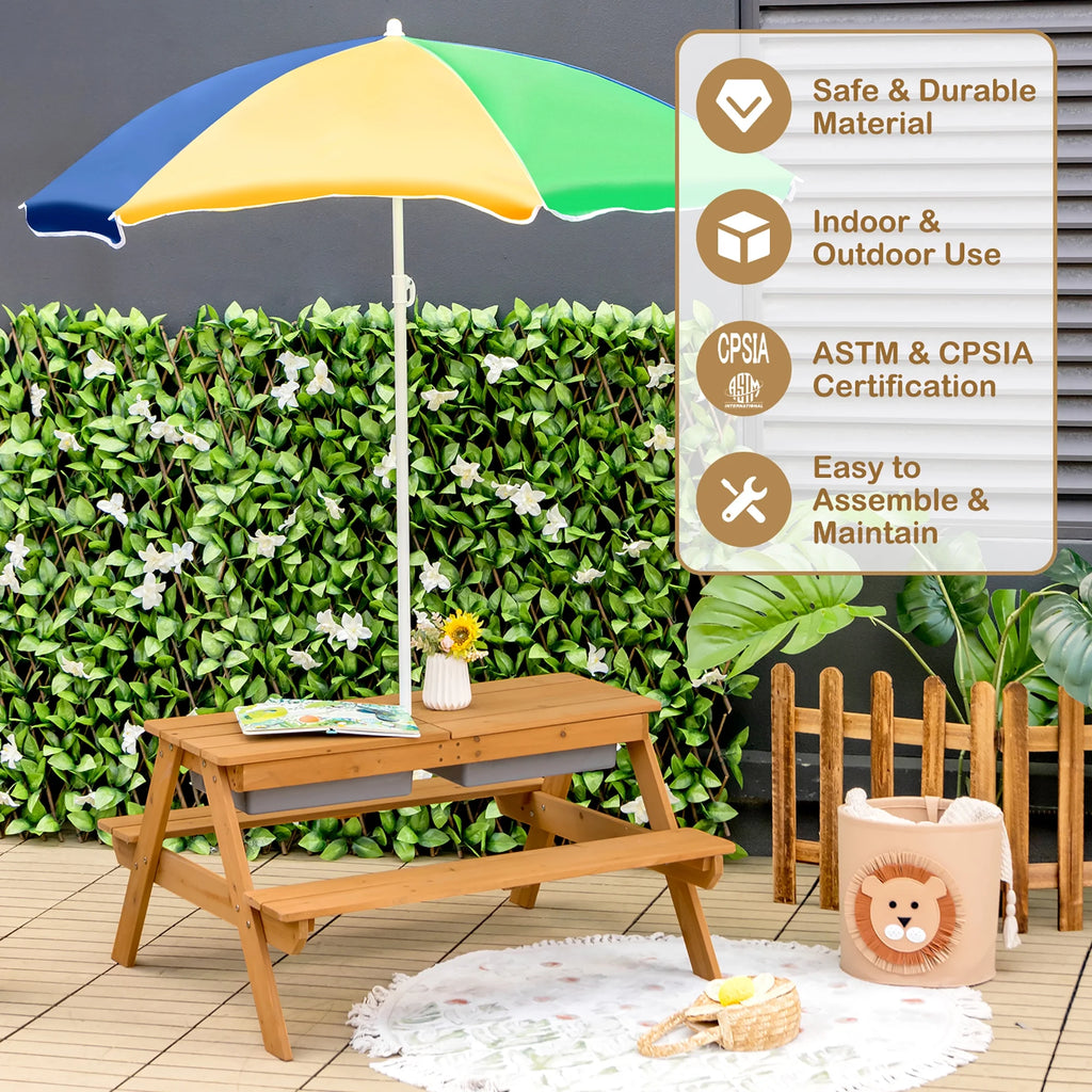 Costway 3 - in - 1 Kids Picnic Table Wooden Outdoor Sand & Water Table with Umbrella Play Boxes Green