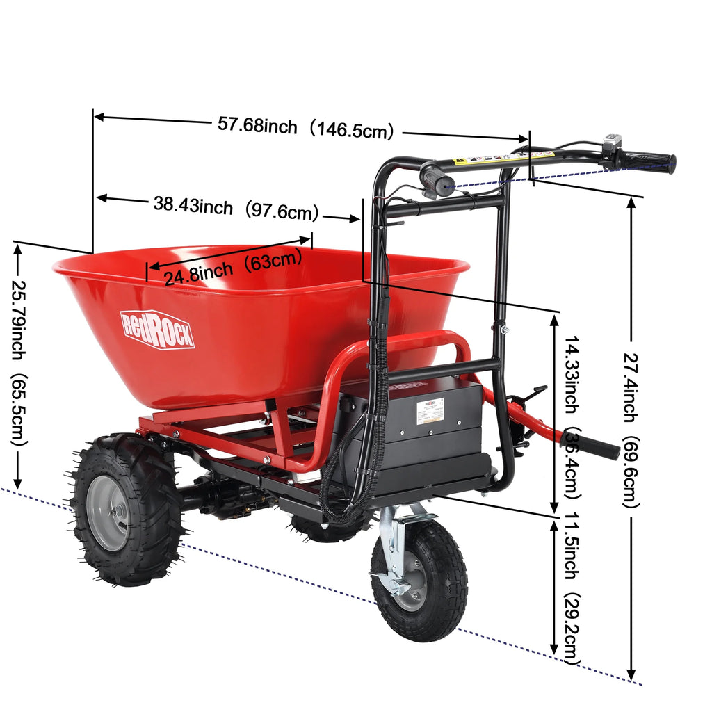 Redrock Wheelbarrow Utility Cart Electric Powered Cart 48v28ah 500W Capacity 500 lb (230kg) Material Debris Hauler 1000 lb Towing