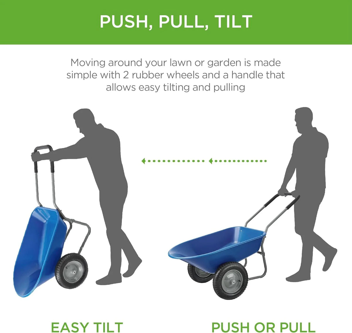 SEEKOL Dual - Wheel Home Utility Yard Wheelbarrow Garden Cart W/Built - in Stand for Lawn, Gardening, Construction, Green