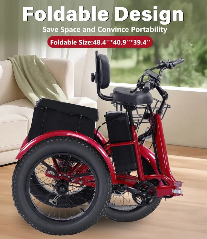 YEBEI Electric Tricycle for Adults Folding E - Trike Motorized Tricycle Electric 3 Wheels Trike Powerful 500W Motor Electric Tricycle 48V15AH Lithium Battery Max 20MPH 20*4.0" Fat Tire Orange