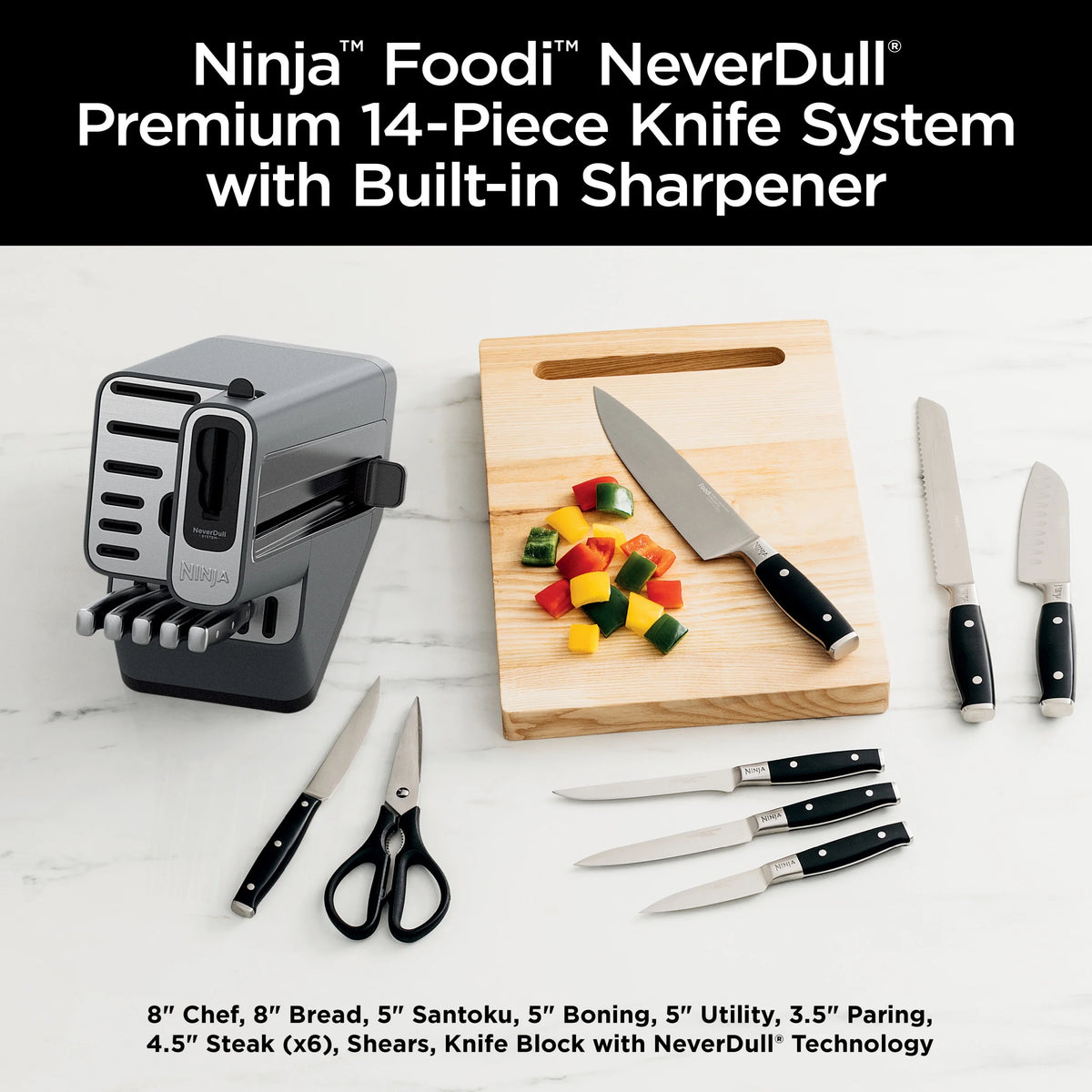 Ninja Foodi Neverdull Premium 14pc German Stainless Steel Knife System & Built - in Sharpener, K32014