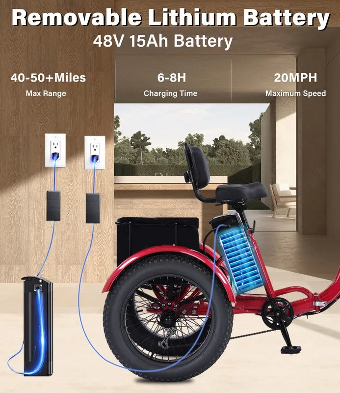 YEBEI Electric Tricycle for Adults Folding E - Trike Motorized Tricycle Electric 3 Wheels Trike Powerful 500W Motor Electric Tricycle 48V15AH Lithium Battery Max 20MPH 20*4.0" Fat Tire Orange