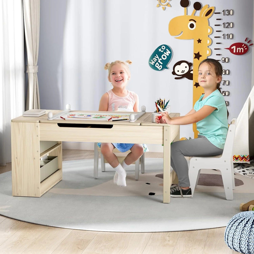 LAZY BUDDY Kids Art Table and 2 Chairs Set, 2 in 1 Easel & Toddler Craft Table and Chairs Set with Storage Bins, Paint Cups and Paper Roll, Activity Table Set for Children 3+