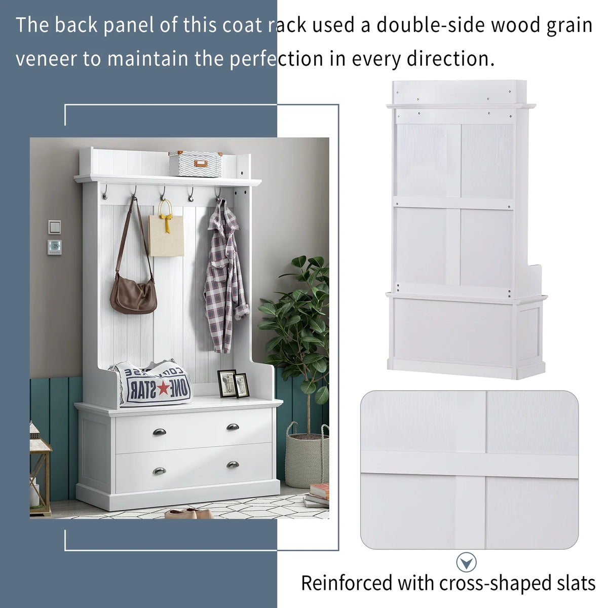 Hall Tree with Upholstered Bench and Coat Rack, Entryway Bench with 3 Hooks, 3 Open Shelves, 2 Drawers & Storage Cabinets, Mudroom Bench with Storage and Hooks for Foyer, Entry Way, Hallway (Beige)
