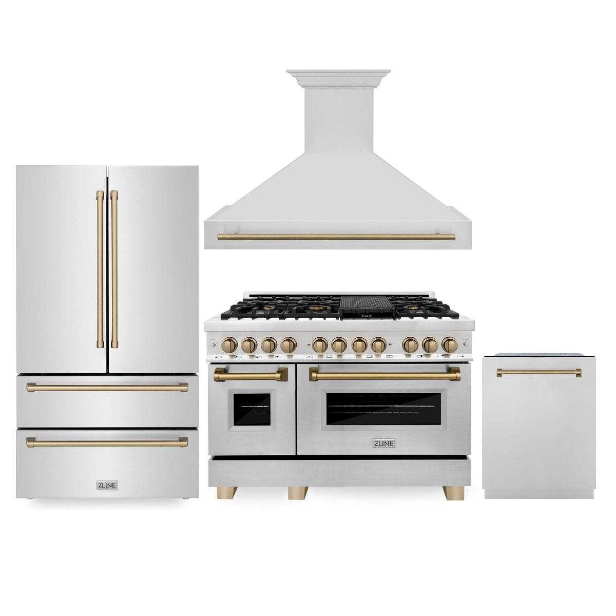 ZLINE 48" Autograph Edition Kitchen Package with Stainless Steel Dual Fuel Range, Range Hood, Dishwasher and Refrigeration with Champagne Bronze
